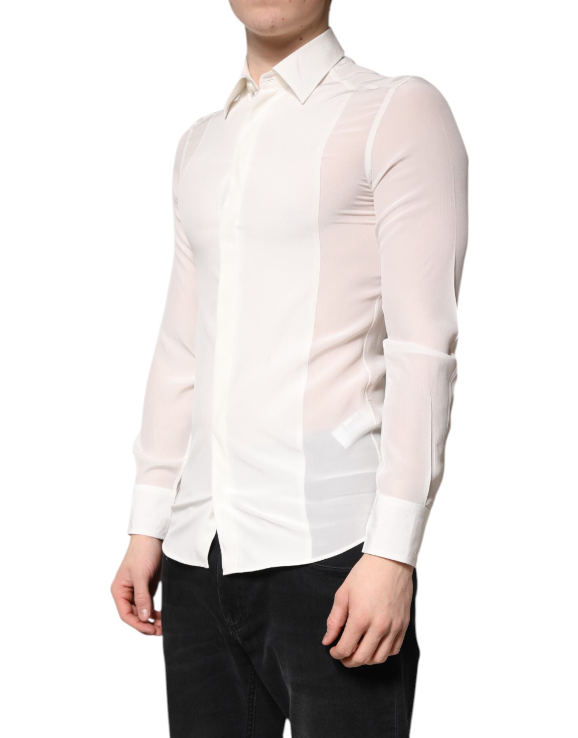 Dolce & Gabbana White Silk Dress GOLD Formal Collared Shirt